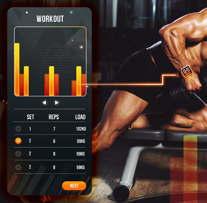Liftify workout view showing sets, repetitions and load beside an athlete